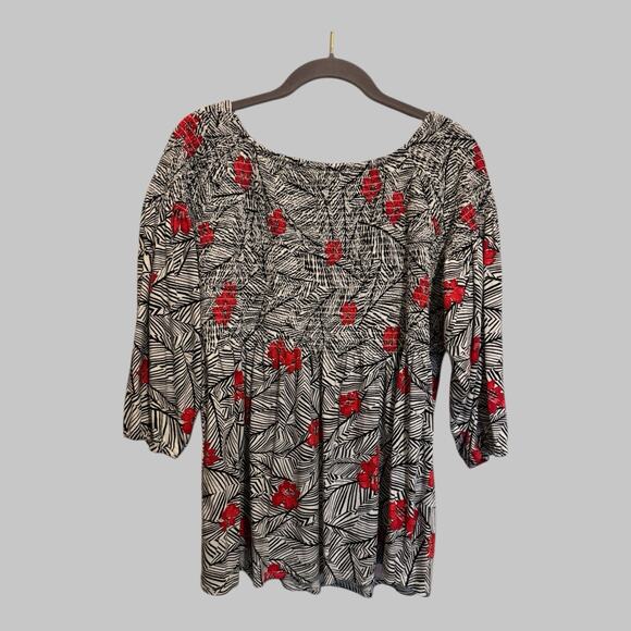 J. Jill Women’s Babydoll Boho Smocked 3/4 Sleeve Stretchy Black Red White Size M - Picture 2 of 11